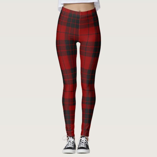 Rustiek Rood en Zwart Tartan Buffel Patroon Plaid Leggings (Voorkant)