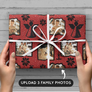 Rustiek rood gestempeld Angel 3 Familiefoto Cadeaupapier