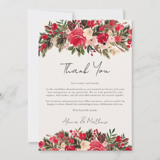 Rustiek Rood groen Bloemen Winter Bruiloft Bedankkaart (Voorkant)
