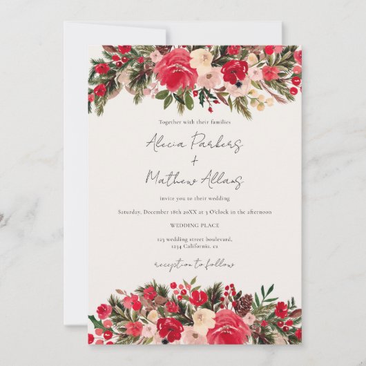Rustiek Rood groen Bloemen Winter Bruiloft Kaart (Voorkant)