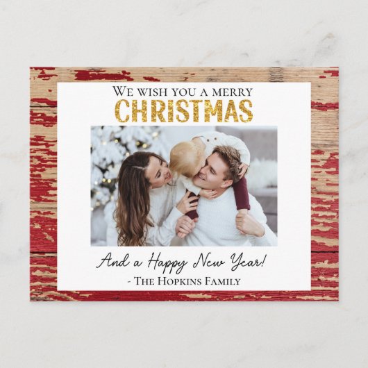 Rustiek Rood Hout Custom Foto Kerst Briefkaart (Voorkant)