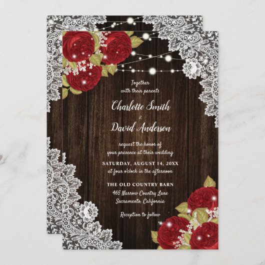 Rustiek Rood Hout Kant String Lights Wedding Kaart (Voorkant / Achterkant)