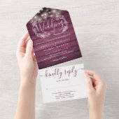 Rustiek Rood Hout Strijklichten Bloemen Bruiloft All In One Uitnodiging (Afscheurbaar)