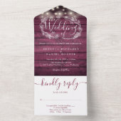 Rustiek Rood Hout Strijklichten Bloemen Bruiloft All In One Uitnodiging (Binnen)