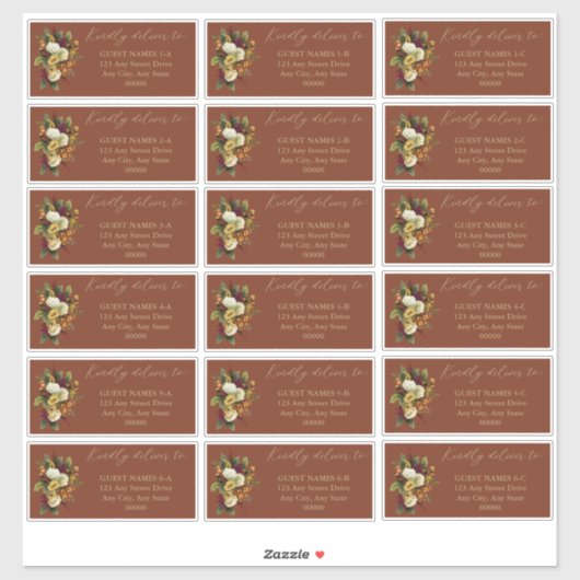 Rustiek Rood | Oranje Bloemen bruiloft Gast Adres Sticker (Vel)