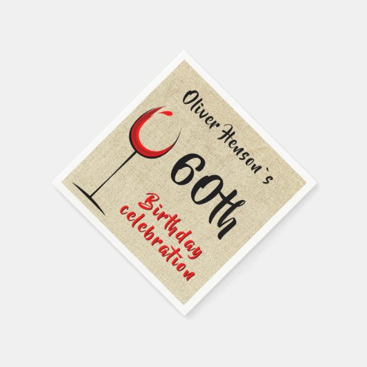 Rustiek rood wijnglas 60e verjaardag partij servet (Hoek)