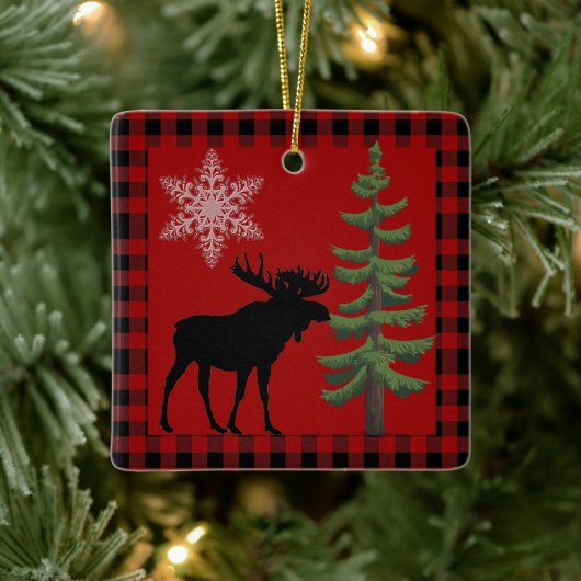 Rustiek Rood Zwart Buffel Plaid met Moose Ornament (Boom)