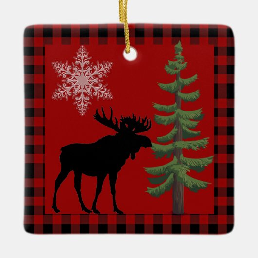 Rustiek Rood Zwart Buffel Plaid met Moose Ornament (Voorkant)