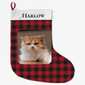 Rustiek Rood Zwart Check geruite Pet Photo Cat Grote Kerstsok (Voorkant)