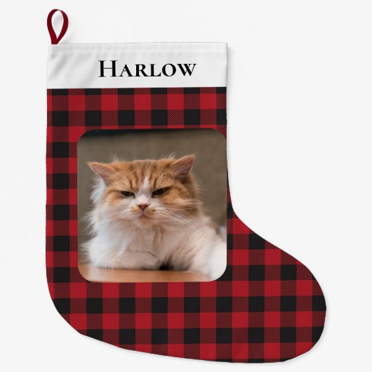 Rustiek Rood Zwart Check geruite Pet Photo Cat Grote Kerstsok (Voorkant)