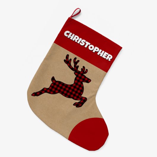 Rustiek Rood & Zwart Geplaagd Rendier Aangepaste N Grote Kerstsok (Voorkant (Hangend))