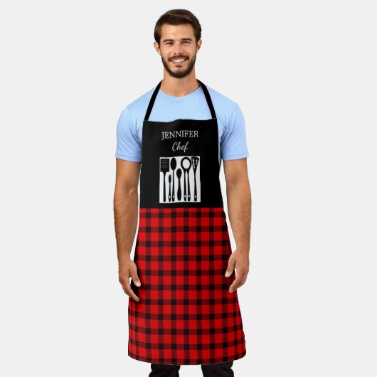 Rustiek rood zwart geruite monogram naam keuken schort (Gedragen)