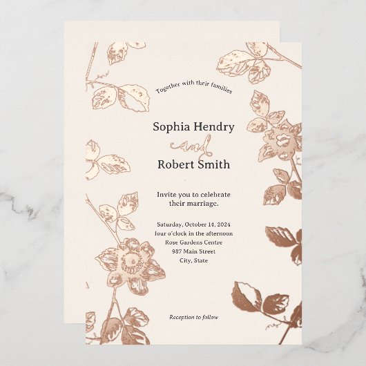 Rustiek Roos Goud Whimsical Bloemen Bruiloft Folie Uitnodiging (Voorkant / Achterkant)