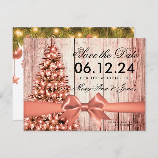 Rustiek Roos Gouden Kerst Wedding Save Datum Aankondigingskaart (Voorkant / Achterkant)