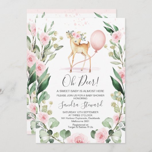 Rustiek Roze Bloemen Krans Deer Baby shower Kaart (Voorkant / Achterkant)