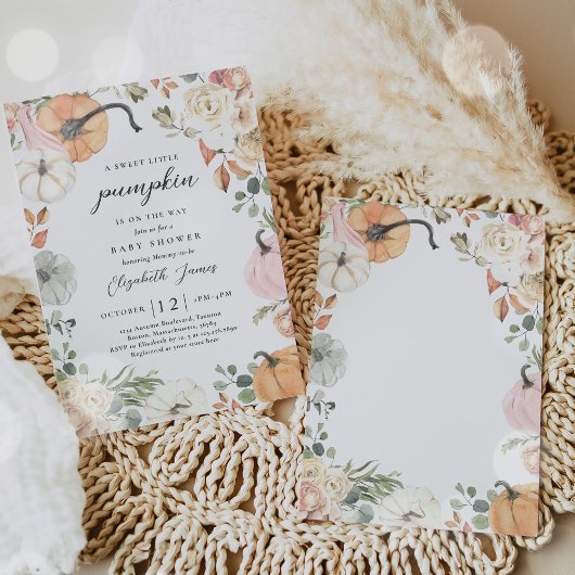 Rustiek Roze Bloemen Pompoen Meisje Baby shower Kaart