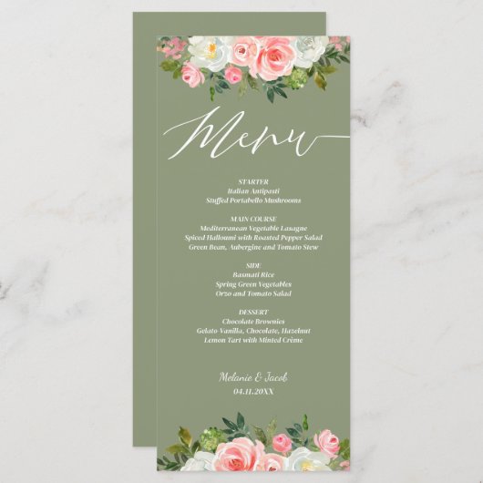Rustiek Roze Bloemen Sage Green Flat bruiloft Menu (Voorkant / Achterkant)