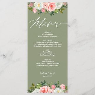 Rustiek Roze Bloemen Sage Green Flat bruiloft Menu