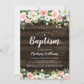 Rustiek Roze Bloemen String Lights Meisje Doop Kaart (Voorkant)