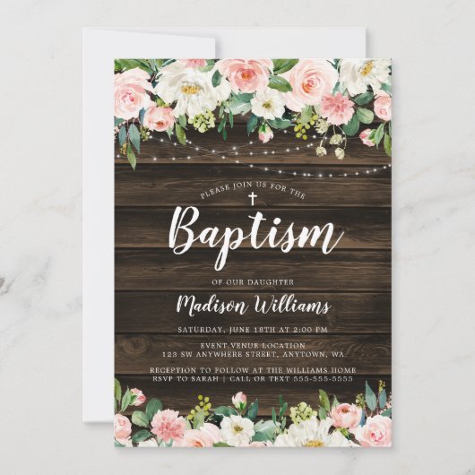 Rustiek Roze Bloemen String Lights Meisje Doop Kaart (Voorkant)