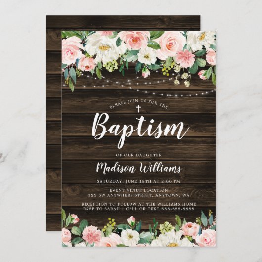 Rustiek Roze Bloemen String Lights Meisje Doop Kaart (Voorkant / Achterkant)