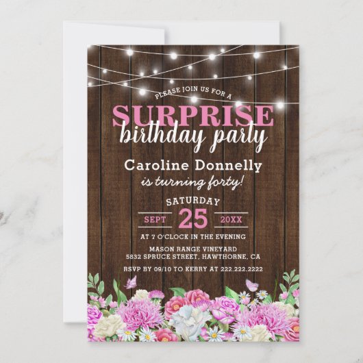 Rustiek Roze Bloemen String Lights Verjaardagsfees Kaart (Voorkant)