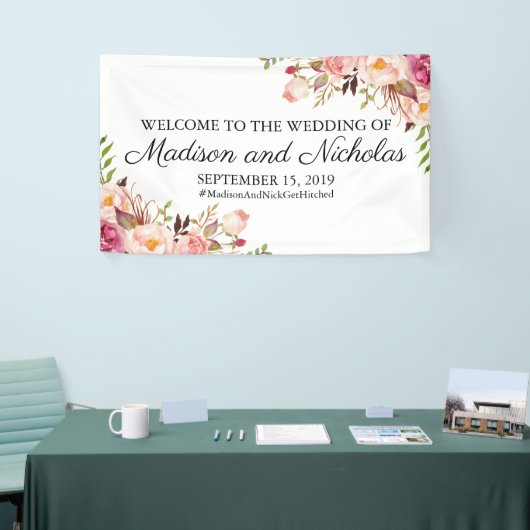 Rustiek Roze Bloemen Trouwbanner Decoratie Spandoek (Beurs)
