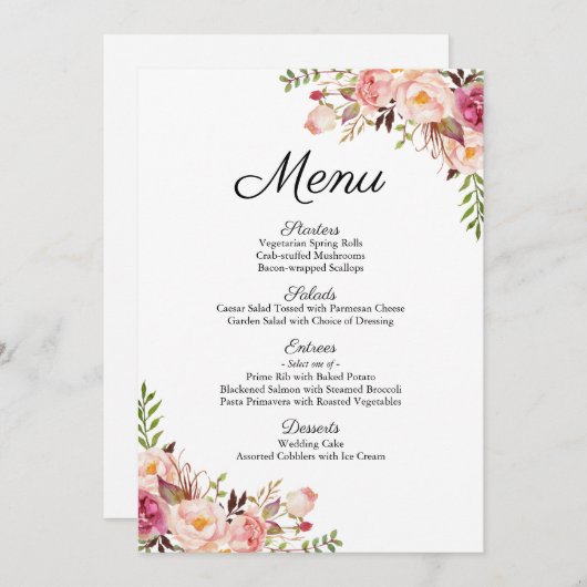 Rustiek Roze Bloemen Trouwmenu Kaarten (Voorkant / Achterkant)