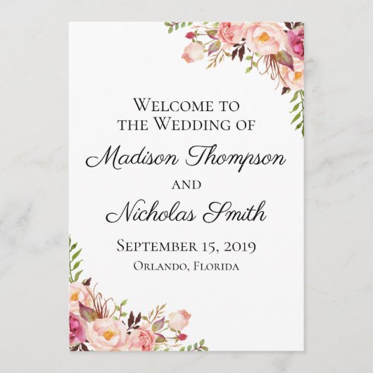 Rustiek Roze Bloemen Trouwprogramma Kaarten (Voorkant)