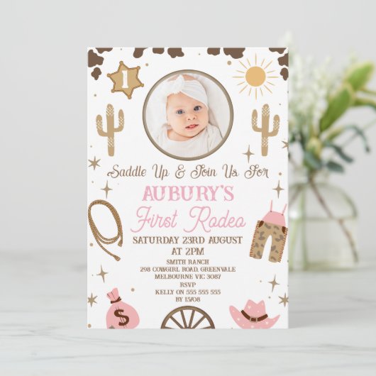 Rustiek Roze Bruin Meisjes Eerste Rodeo 1e Verjaar Kaart (Staand voorkant)