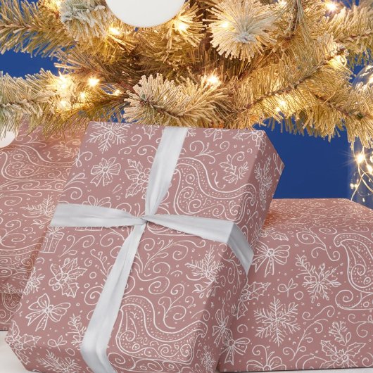 Rustiek Roze Doodle Kerst Sleigh Patroon Cadeaupapier