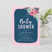 Rustiek Roze en Blauw Bloemen Baby shower Invitati Kaart (Staand voorkant)