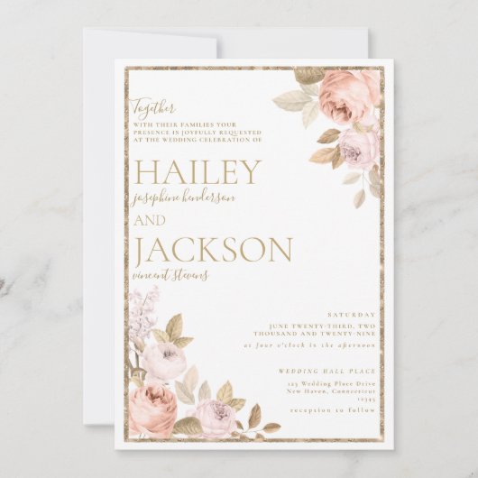 Rustiek roze koraal goud bloemenboho thema bruilof kaart (Voorkant)