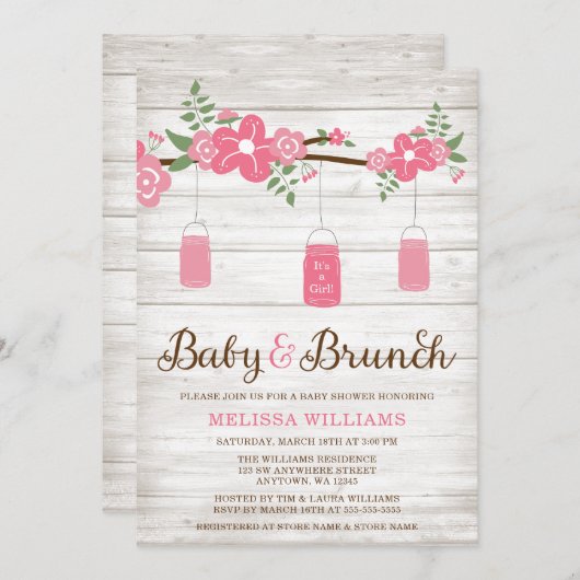 Rustiek Roze Mason Jar Girl Brunch Baby shower Kaart (Voorkant / Achterkant)