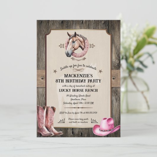 Rustiek Roze Paardrijden Verjaardagsfeest Kaart (Staand voorkant)