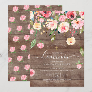 Rustiek Roze Pioenen Bloemen Spaanse Eerste Commun Kaart