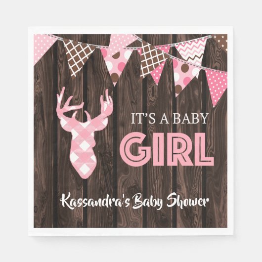 Rustiek Roze Plaid Herten Baby shower Lunch Servet (Voorkant)
