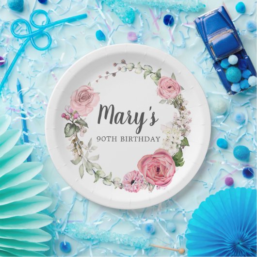 Rustiek Roze Roze Bloemen 90ste Verjaardag Papier Papieren Bordje (Feest)