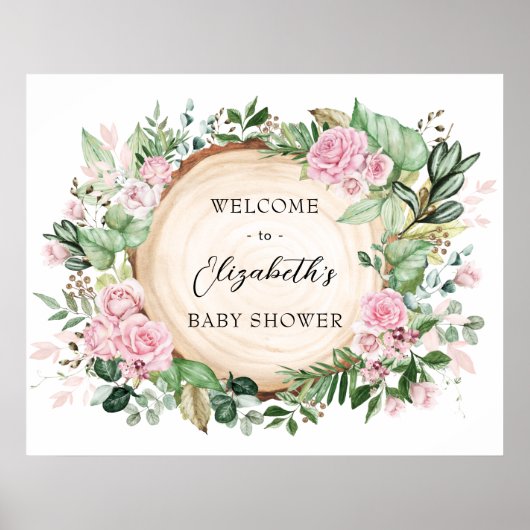Rustiek Roze Rozen Groen Baby shower Welkom Poster (Voorkant)