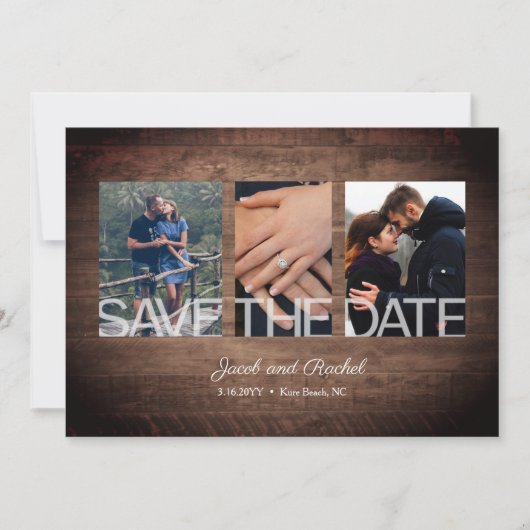 Rustiek Save The Date 3-Photo Collage Hout Wedding (Voorkant)