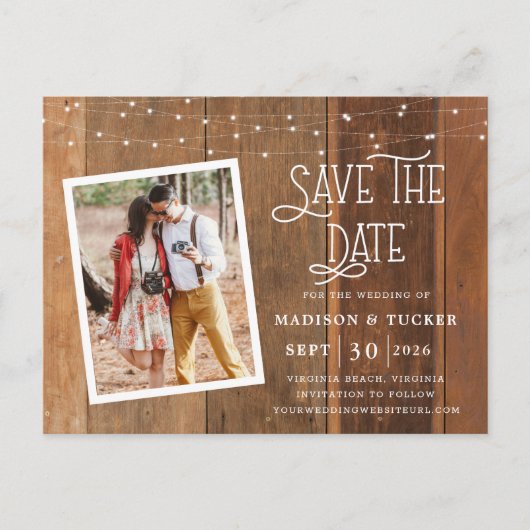 Rustiek Save The Date Wood Lights Foto uitnodiging (Voorkant)