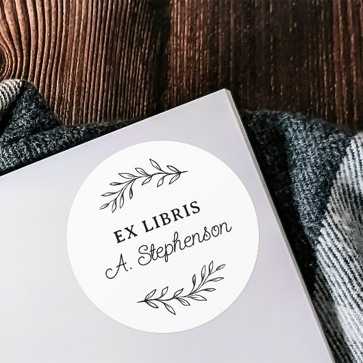 Rustiek Script Botanische bladeren Ex Libris Boekp Ronde Sticker