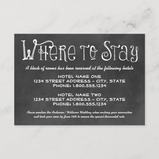 Rustiek Script Chalkboard bruiloft hotels Zwart Informatiekaartje (Voorkant)