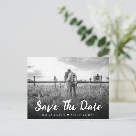 Rustiek Script Foto Bruiloft Save The Date Briefka Aankondigingskaart (Staand voorkant)