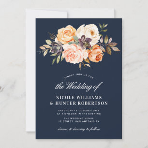 Rustiek script herfst bloemenmarineblauw bruiloft kaart