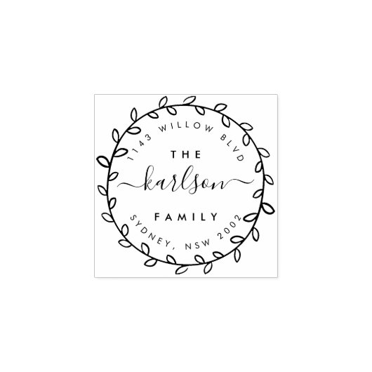 Rustiek script & krans familienaam retouradres rubberstempel (Afrduk)