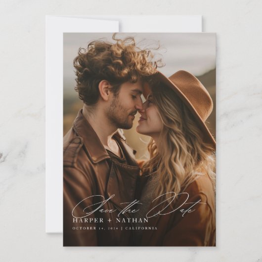 Rustiek Script QR Code Foto bruiloft Save The Date (Voorkant)