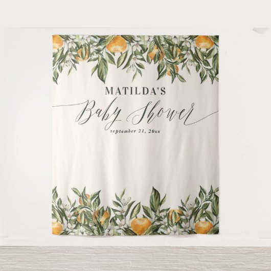 Rustiek sinaasappel citrus botanisch baby shower wandkleed (Voorkant)