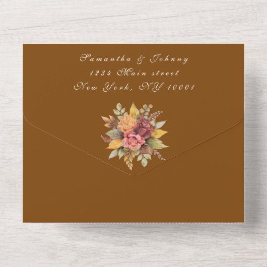 Rustiek Sinaasappel Terracotta Herfst Boho Bruilof All In One Uitnodiging (Achterkant)