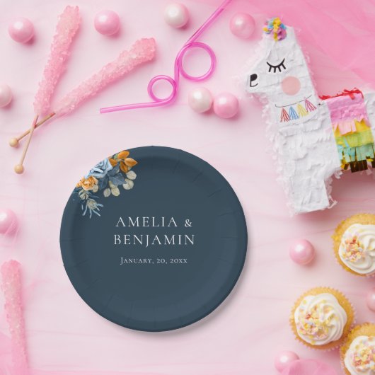 Rustiek Sinaasappel Terracotta Navy Blue Rust brui Papieren Bordje (Feest)